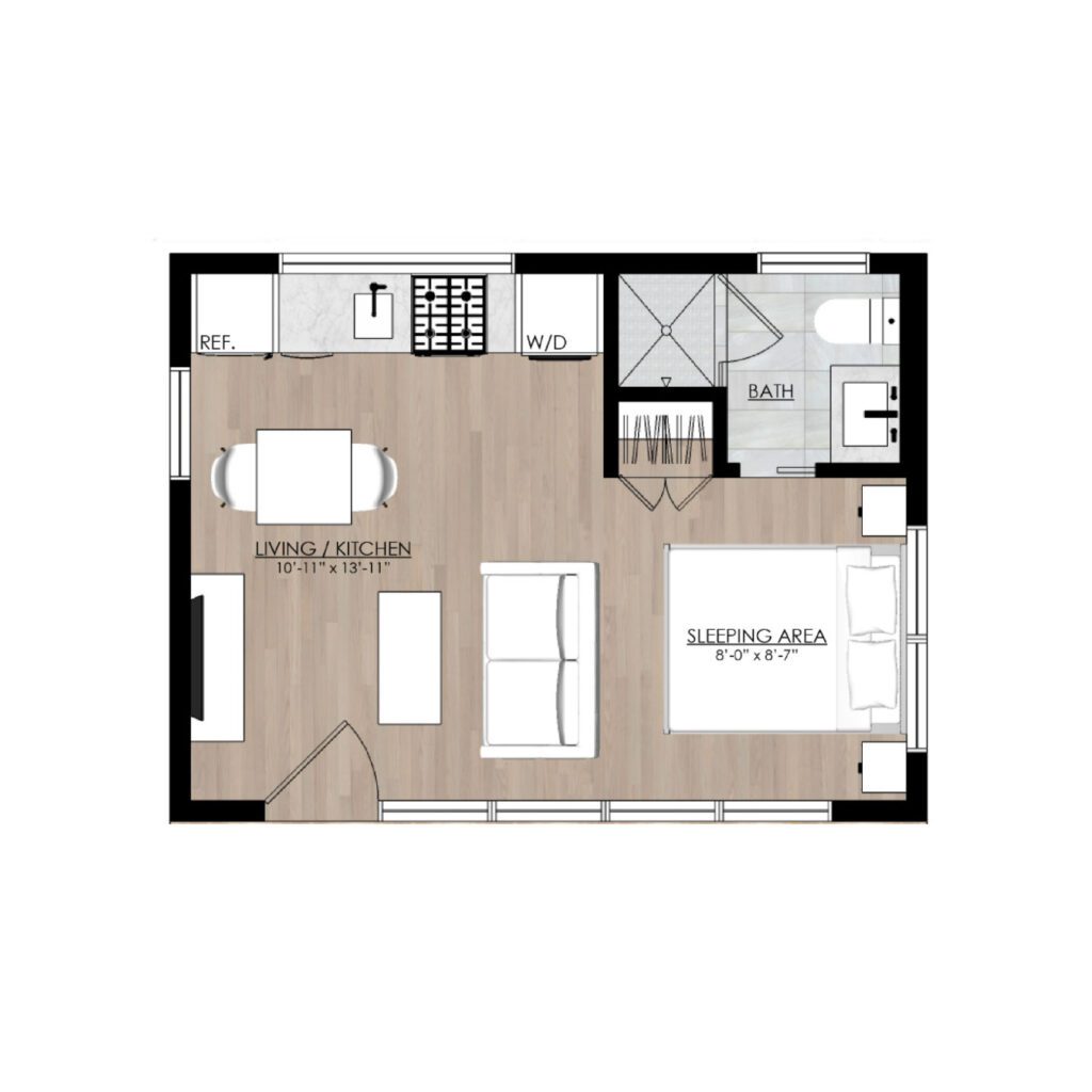 Floor plan of a studio ADU featuring a living/kitchen area, a sleeping area with a bed, bathroom, and washer/dryer. The open layout is ideal for tiny home living, with furniture and appliances clearly marked.