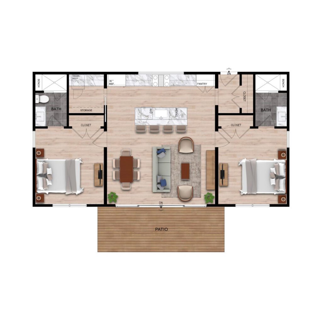 2-bedroom apartment floor plan: ideal as an Accessory Dwelling Unit or garage conversion. Each bedroom has a bathroom and closet. Central kitchen with island, dining, and living area. Patio at the bottom; storage and laundry rooms near the top.