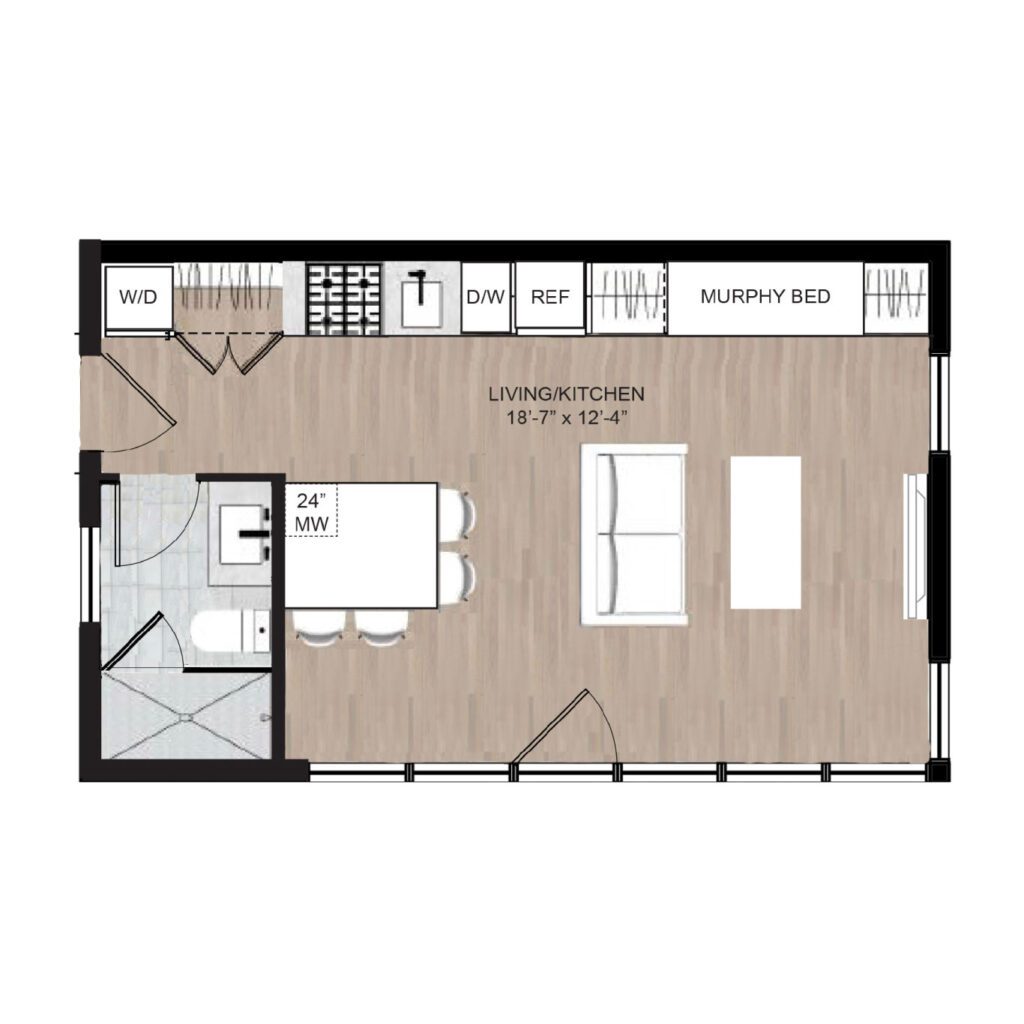 Studio apartment floor plan perfect for a Tiny Home or Accessory Dwelling Unit: combined living, kitchen, and dining space; Murphy bed, sofa, table, and kitchenette along one wall; bathroom and washer/dryer in the corner. Room measures 18-7 by 12-4.