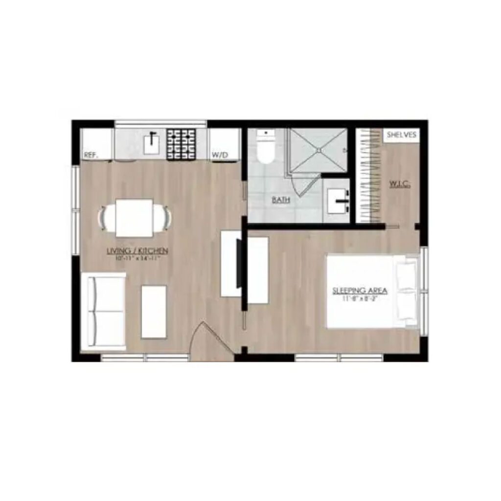 Floor plan of a small ADU with living/kitchen area, bathroom, washer/dryer, shelves, walk-in closet, and sleeping area. Furniture includes a sofa, table, bed, and kitchen appliances—ideal as an Accessory Dwelling Unit or In-Law Suite.