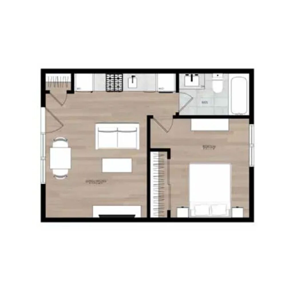 Floor plan of a small apartment or ADU with an open living and dining area, kitchen along one wall, bathroom with a bathtub, and a separate bedroom with a double bed. Ideal for an ADU builder or garage conversion project.