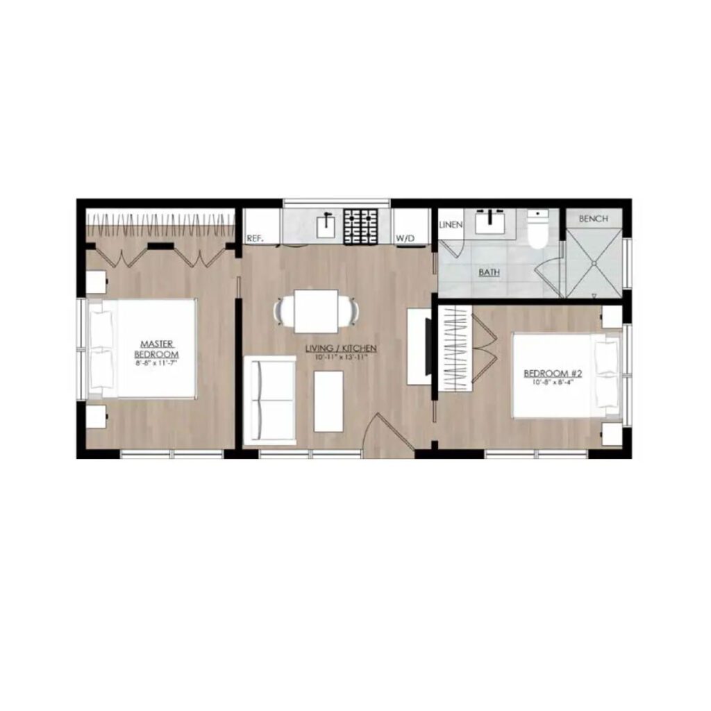Floor plan of a two-bedroom apartment ideal as a Garage Conversion or In-Law Suite, featuring a central living/kitchen area, bathroom, washer/dryer, and bench. The master bedroom is on the left; bedroom #2 is on the right with kitchen appliances along the upper wall.