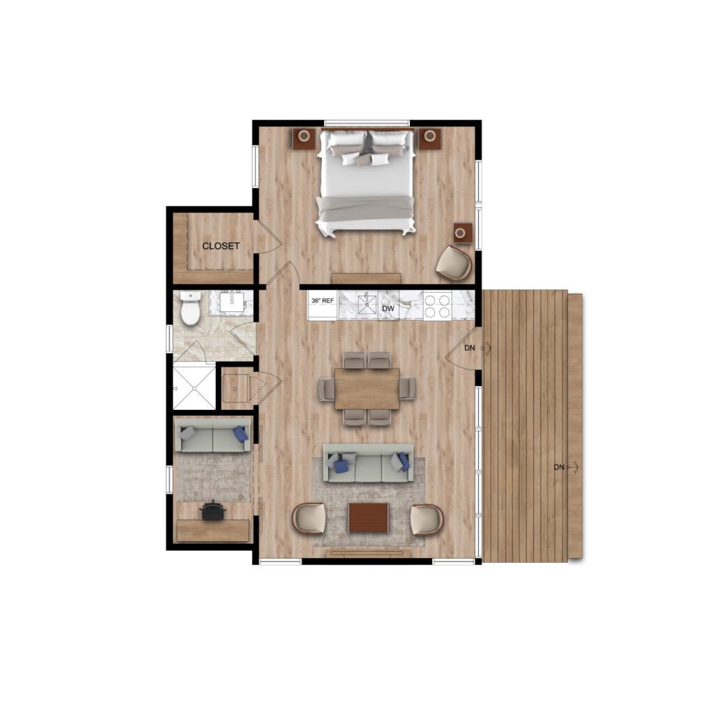 Floor plan of a one-bedroom ADU featuring a bedroom, bathroom, closet, open living/dining area with kitchen, workspace, and deck. Furniture and fixtures are arranged throughout this modern tiny home.