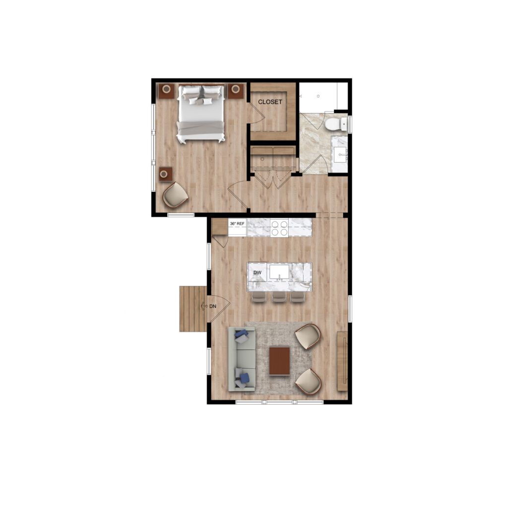 Floor plan of a one-bedroom Accessory Dwelling Unit (ADU) featuring a bedroom, closet, bathroom, kitchen with island seating, dining area, living room with sofa and chairs, and a small porch at the entrance. Perfect as an in-law suite.
