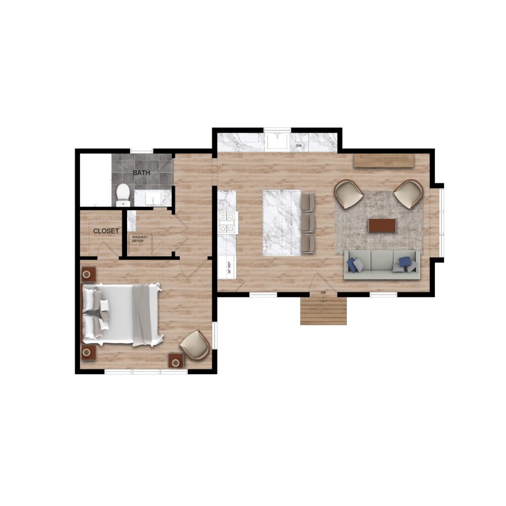 One-bedroom accessory dwelling unit floor plan with bedroom, bathroom, closet, kitchen, and open living area featuring sofa, chairs, and dining table. Light wood flooring and marble accents throughout.