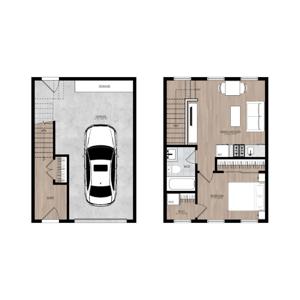 Two-story floor plan: perfect for an In-Law Suite or ADU Builder project—first floor offers garage, storage, entry, and stairs; upstairs features bedroom, bathroom, laundry, kitchen, living/dining area, closet, and balcony.