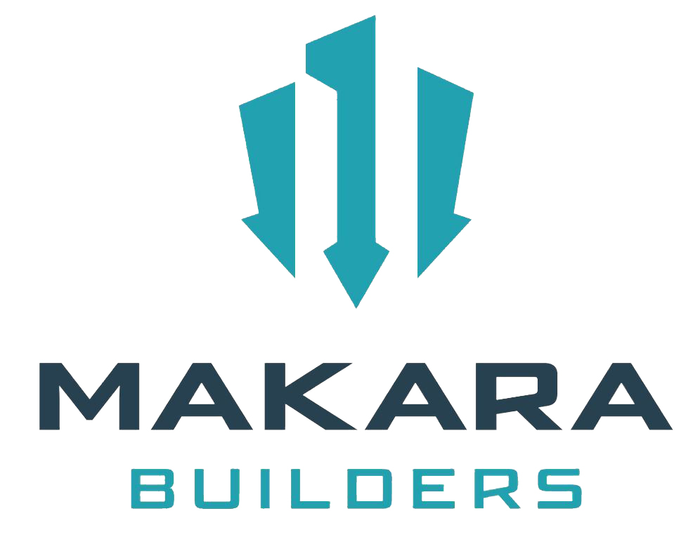 Logo for Makara Builders. It features three stylized teal arrows pointing downward, forming an abstract shape above the words MAKARA in bold, dark letters and BUILDERS in smaller teal letters below—ideal for ADU and Tiny Home projects.