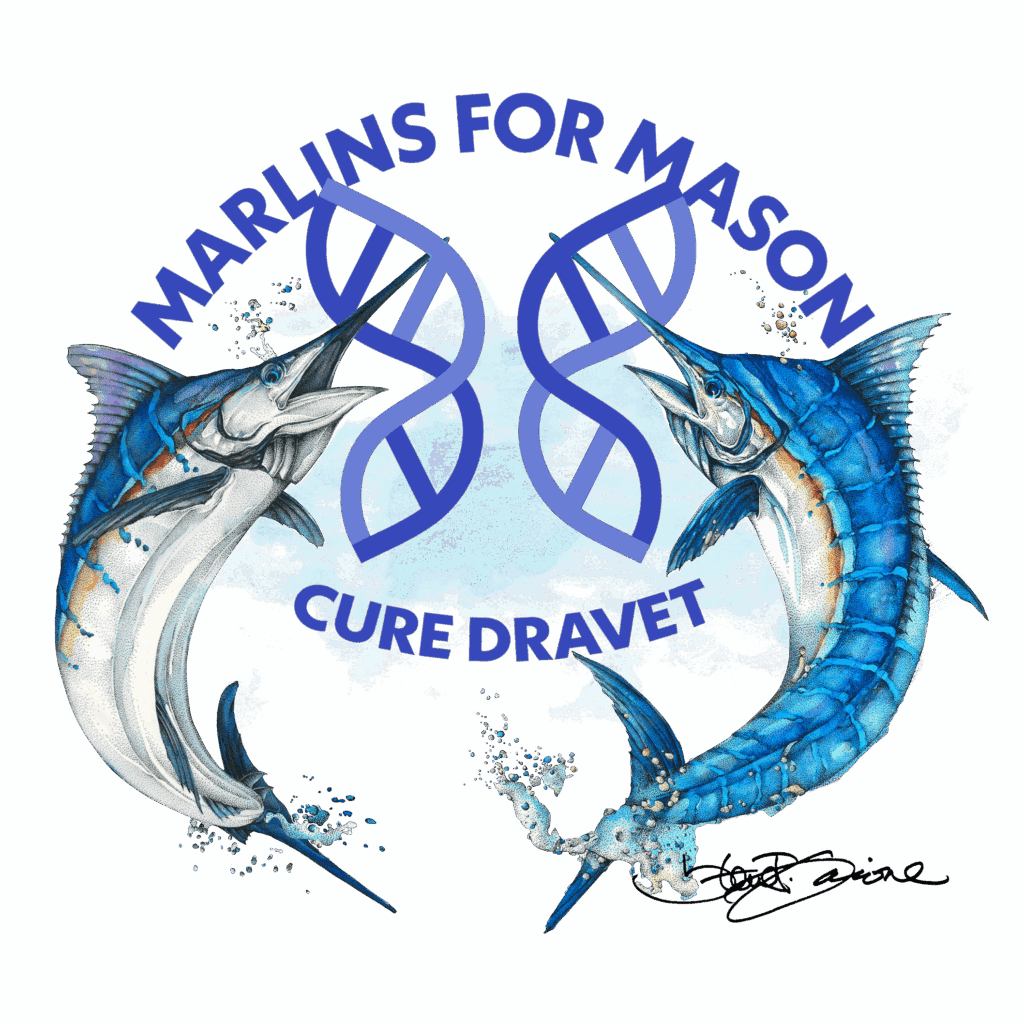 Two marlins leap around a purple awareness ribbon shaped like a DNA strand. Text above reads “Marlins for Mason,” and below, “Cure Dravet.” A signature appears at the bottom right.